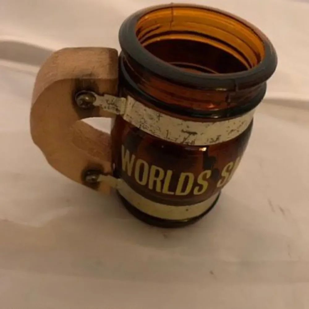 Worlds Smallest Beer Mug Brown Wood Handled Shot Glass Taiwan